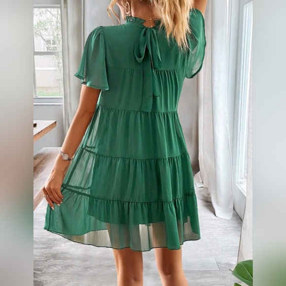 New Boho Chiffon Tiered Ruffle Short Sleeve Dress Tie Bow Back Green - Picture 1 of 9